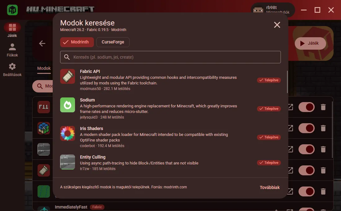 A beépített modböngésző Modrinth és CurseForge választóval: a Fabric API, a Sodium és az Entity Culling már telepítve