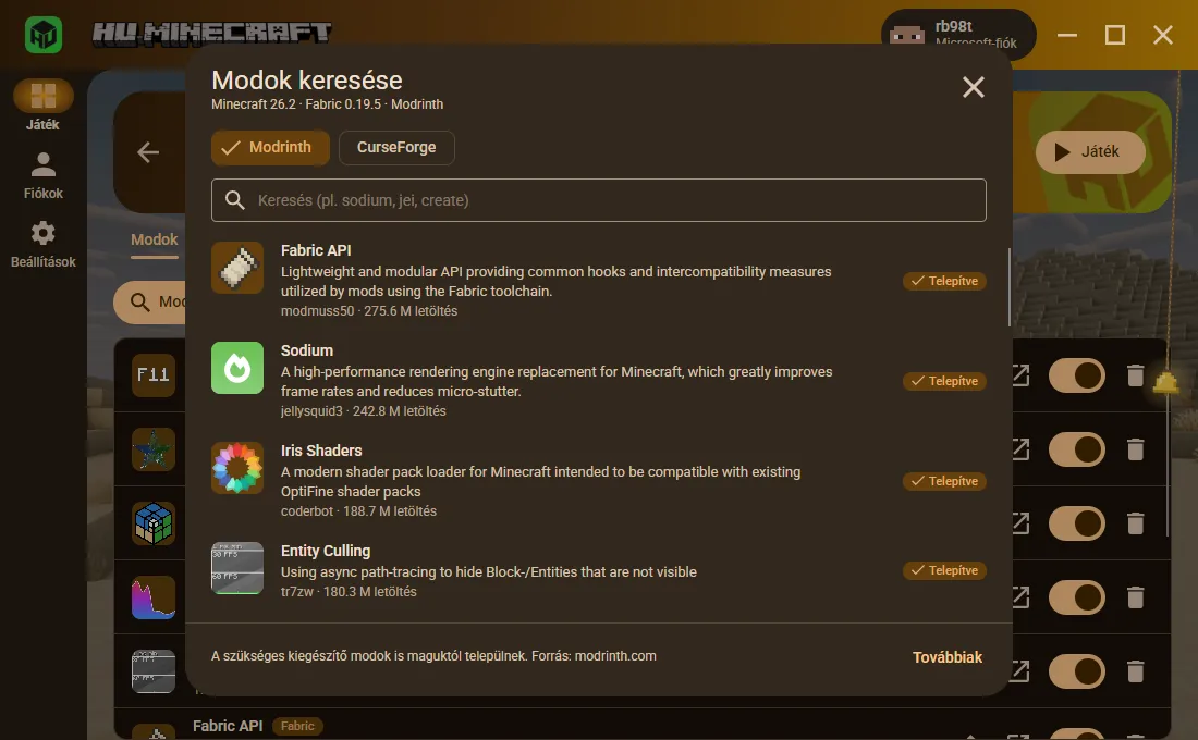 A beépített modböngésző Modrinth és CurseForge választóval: a Fabric API, a Sodium és az Entity Culling már telepítve