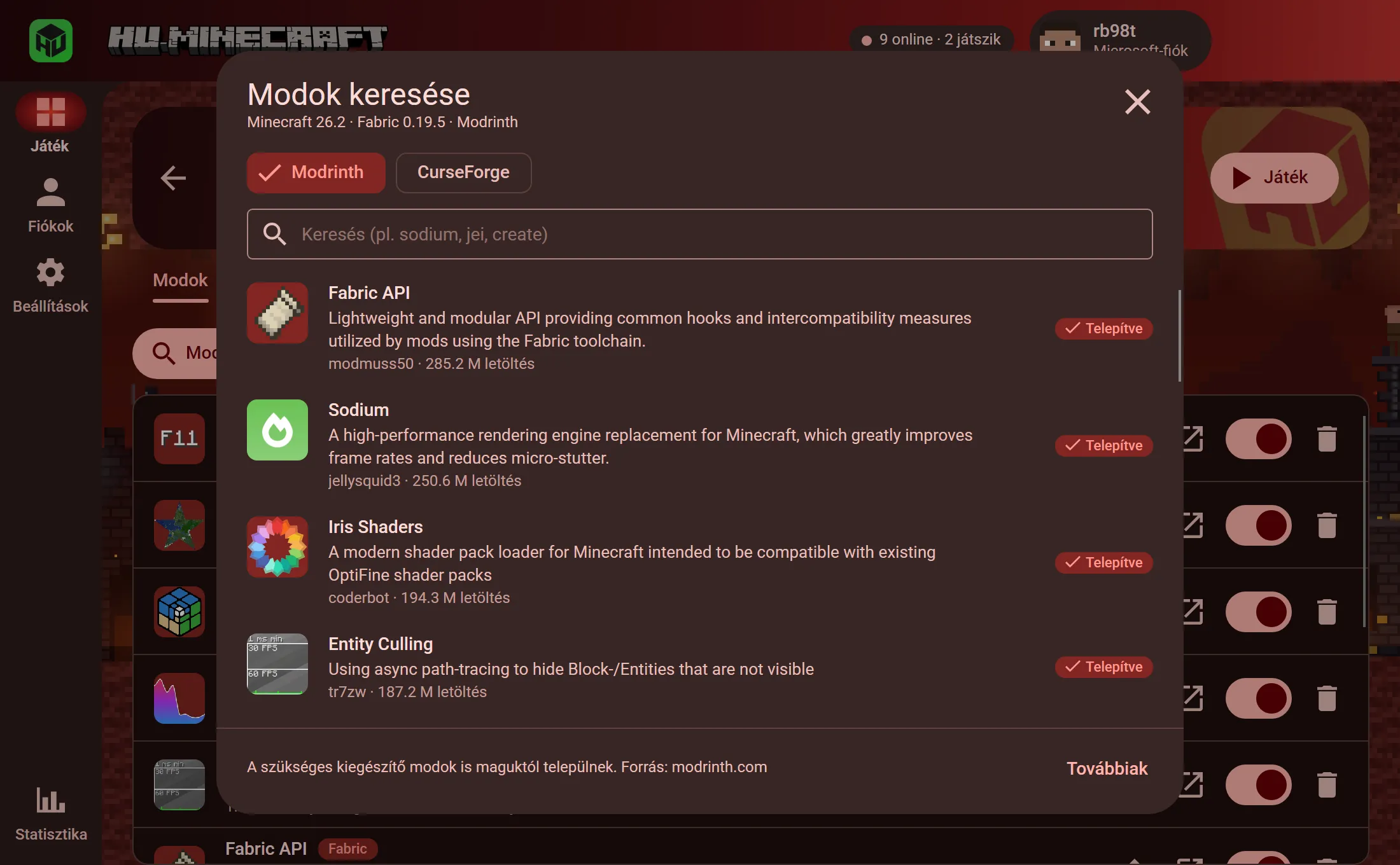A beépített modböngésző Modrinth és CurseForge választóval: a Fabric API, a Sodium és az Entity Culling már telepítve