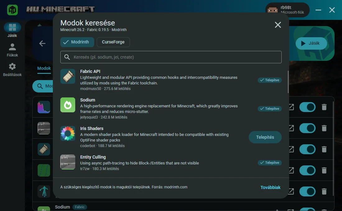 A beépített modböngésző Modrinth és CurseForge választóval: a Fabric API, a Sodium és az Entity Culling már telepítve