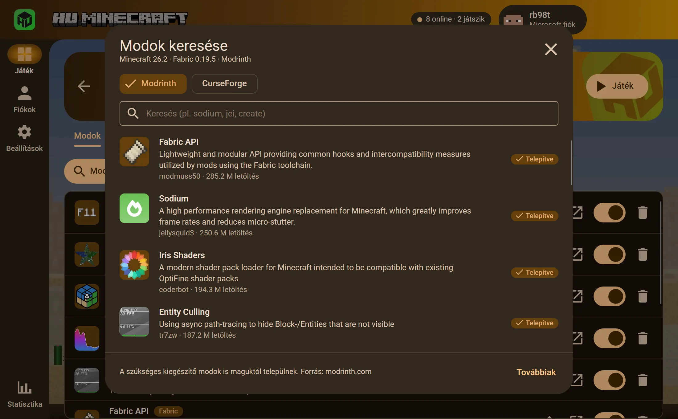 A beépített modböngésző Modrinth és CurseForge választóval: a Fabric API, a Sodium és az Entity Culling már telepítve