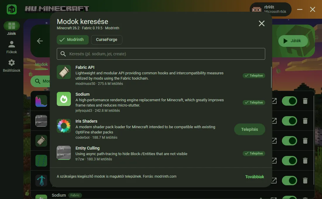 A beépített modböngésző Modrinth és CurseForge választóval: a Fabric API, a Sodium és az Entity Culling már telepítve