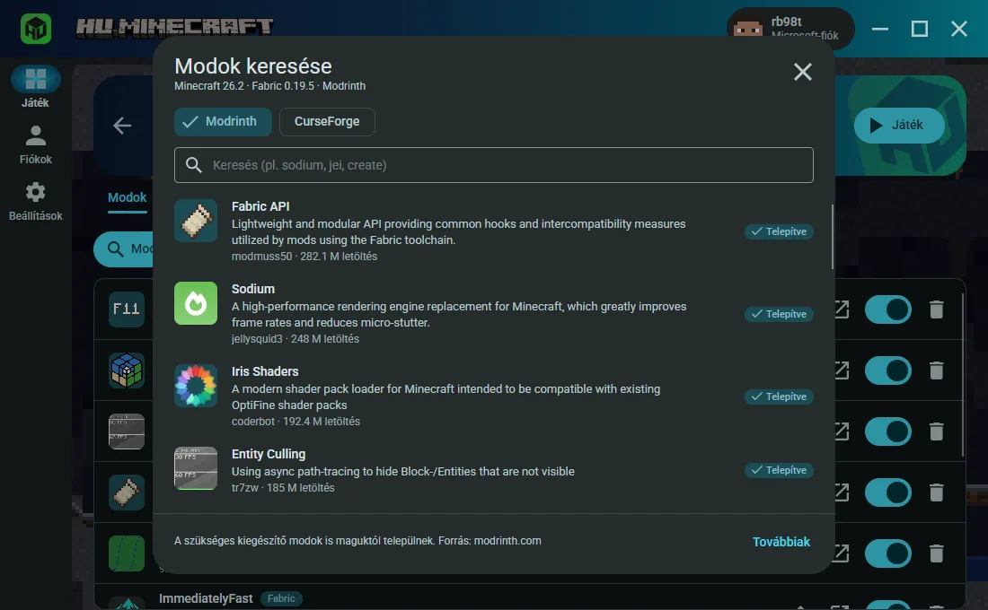 A beépített modböngésző Modrinth és CurseForge választóval: a Fabric API, a Sodium és az Entity Culling már telepítve
