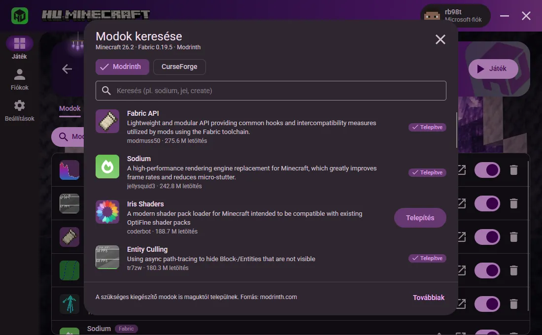 A beépített modböngésző Modrinth és CurseForge választóval: a Fabric API, a Sodium és az Entity Culling már telepítve