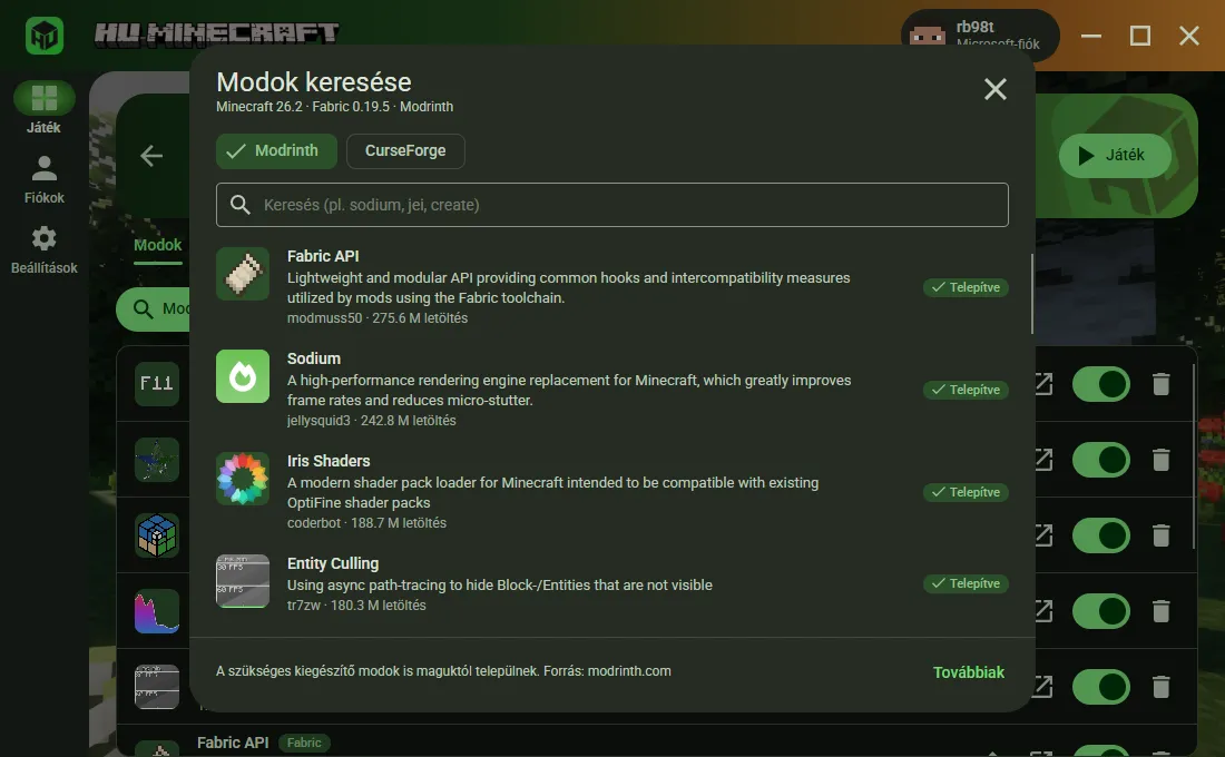 A beépített modböngésző Modrinth és CurseForge választóval: a Fabric API, a Sodium és az Entity Culling már telepítve