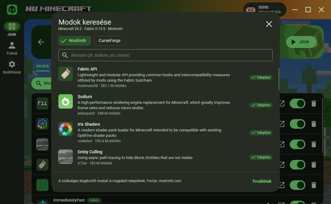 A beépített modböngésző Modrinth és CurseForge választóval: a Fabric API, a Sodium és az Entity Culling már telepítve