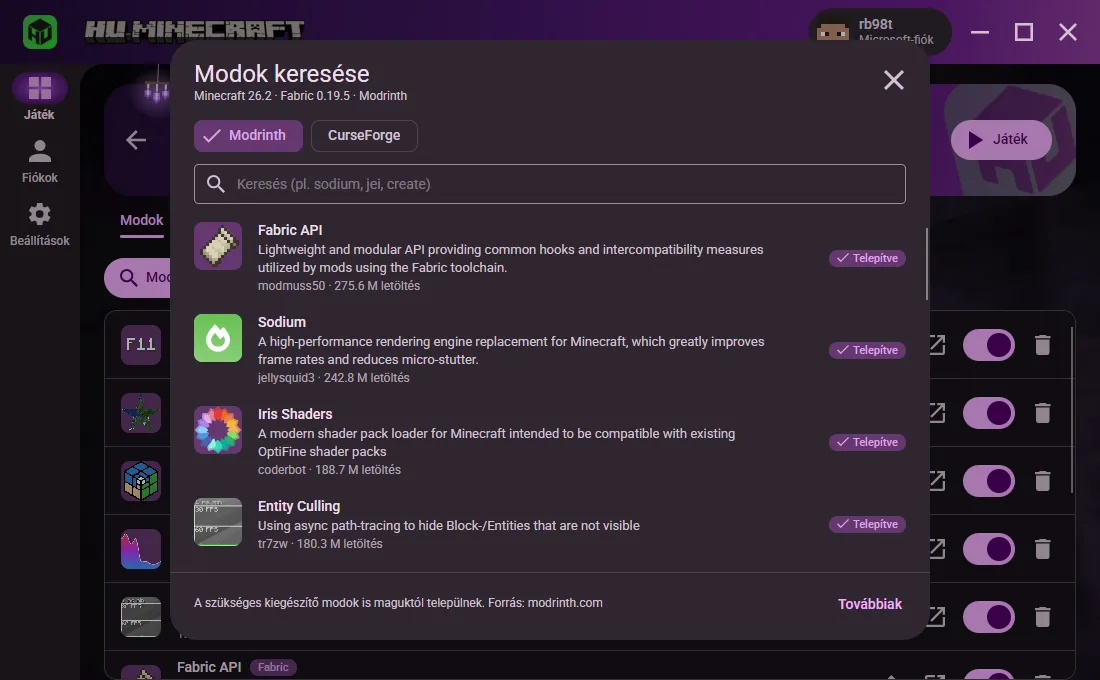 A beépített modböngésző Modrinth és CurseForge választóval: a Fabric API, a Sodium és az Entity Culling már telepítve