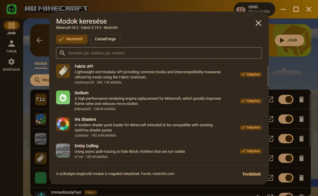 A beépített modböngésző Modrinth és CurseForge választóval: a Fabric API, a Sodium és az Entity Culling már telepítve