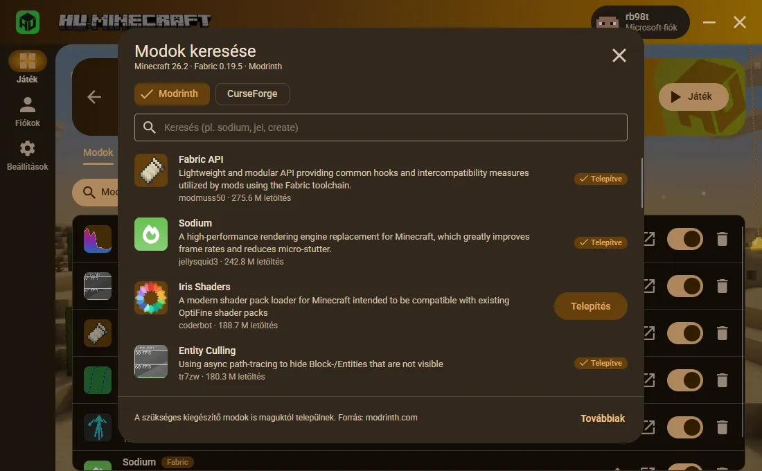 A beépített modböngésző Modrinth és CurseForge választóval: a Fabric API, a Sodium és az Entity Culling már telepítve