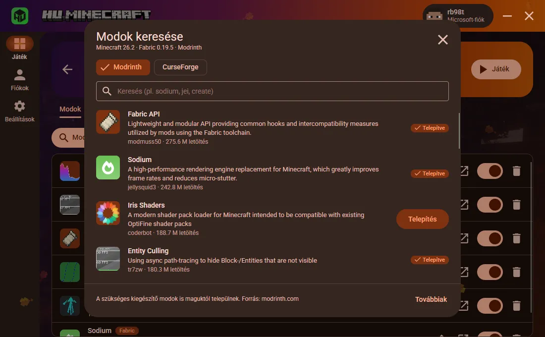 A beépített modböngésző Modrinth és CurseForge választóval: a Fabric API, a Sodium és az Entity Culling már telepítve