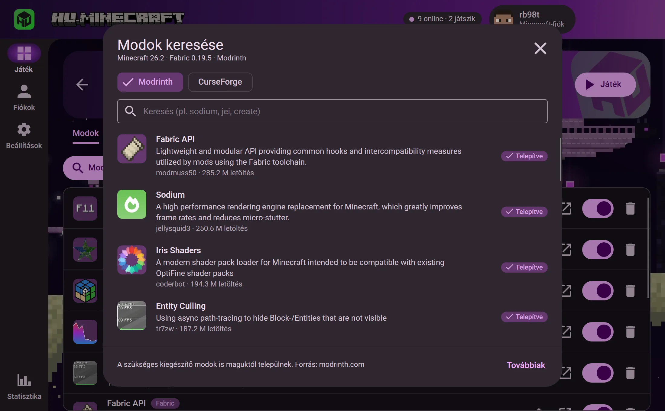 A beépített modböngésző Modrinth és CurseForge választóval: a Fabric API, a Sodium és az Entity Culling már telepítve