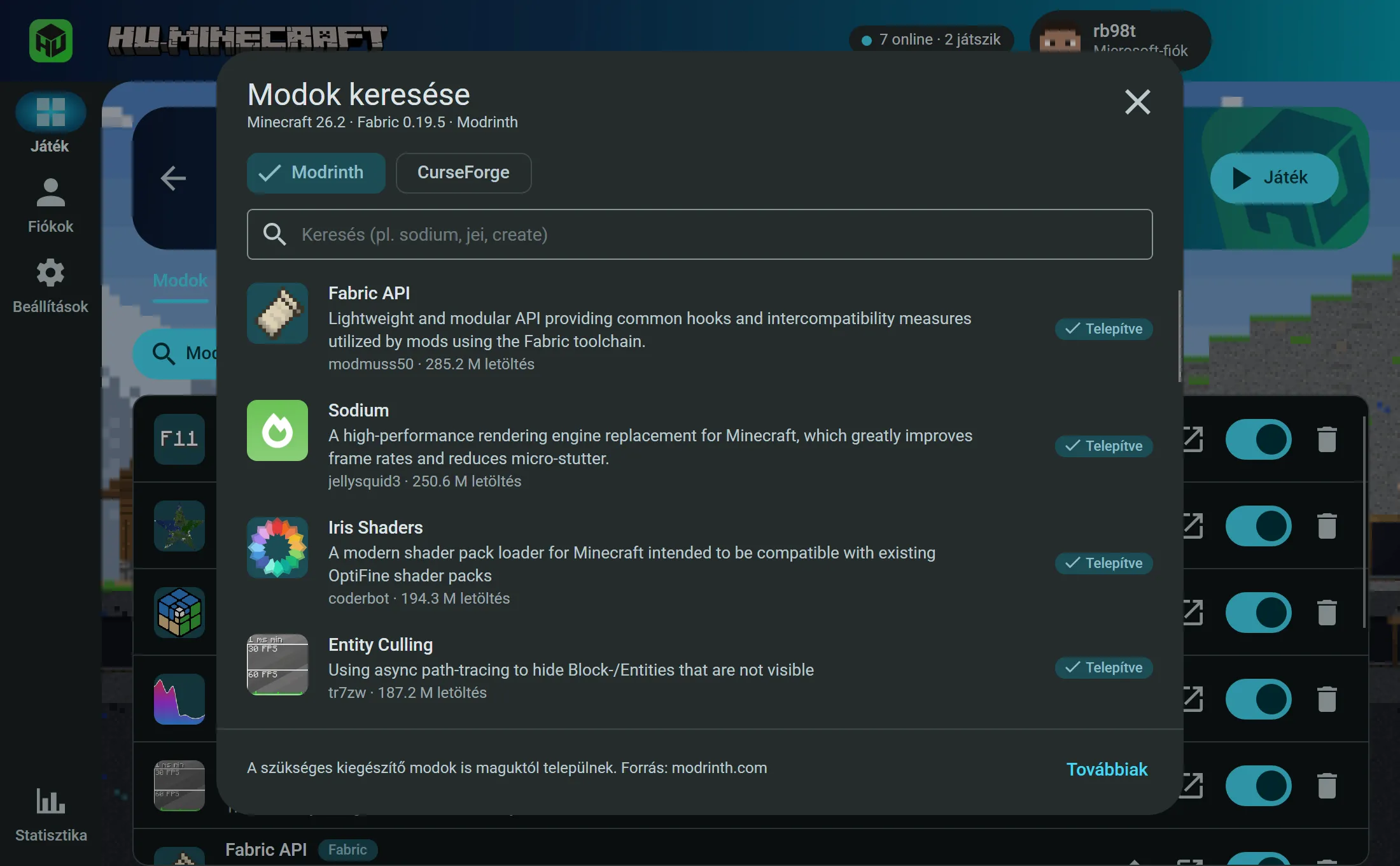 A beépített modböngésző Modrinth és CurseForge választóval: a Fabric API, a Sodium és az Entity Culling már telepítve
