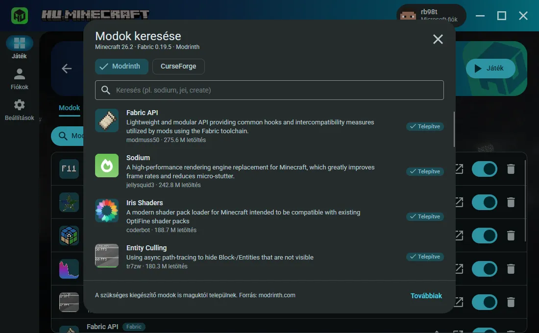 A beépített modböngésző Modrinth és CurseForge választóval: a Fabric API, a Sodium és az Entity Culling már telepítve
