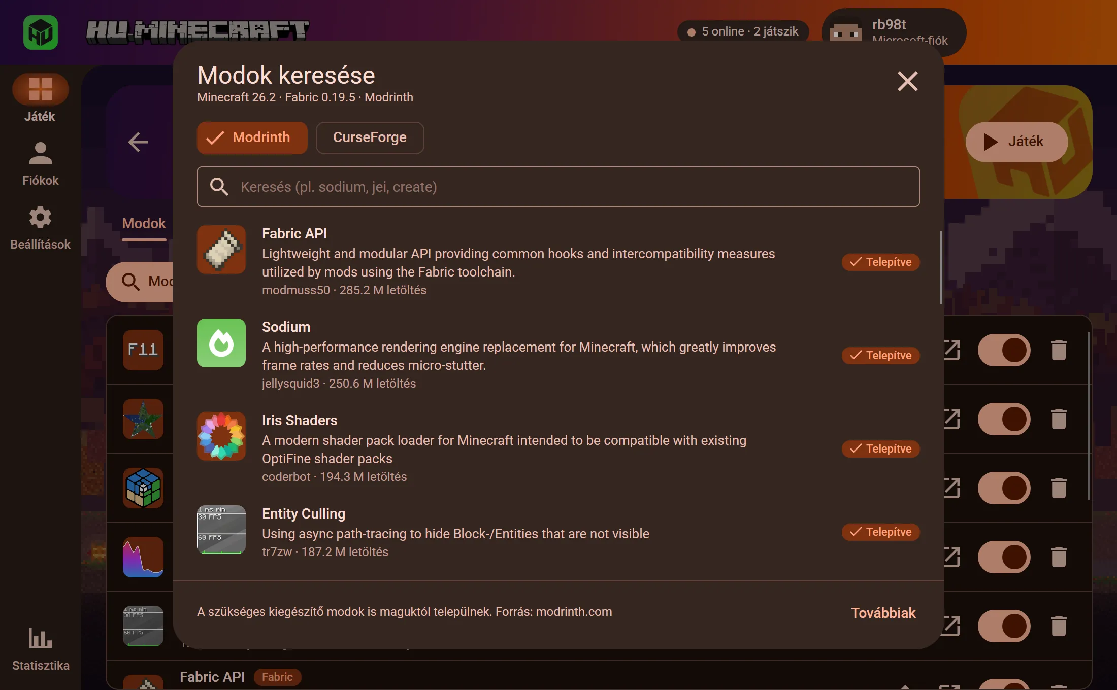A beépített modböngésző Modrinth és CurseForge választóval: a Fabric API, a Sodium és az Entity Culling már telepítve