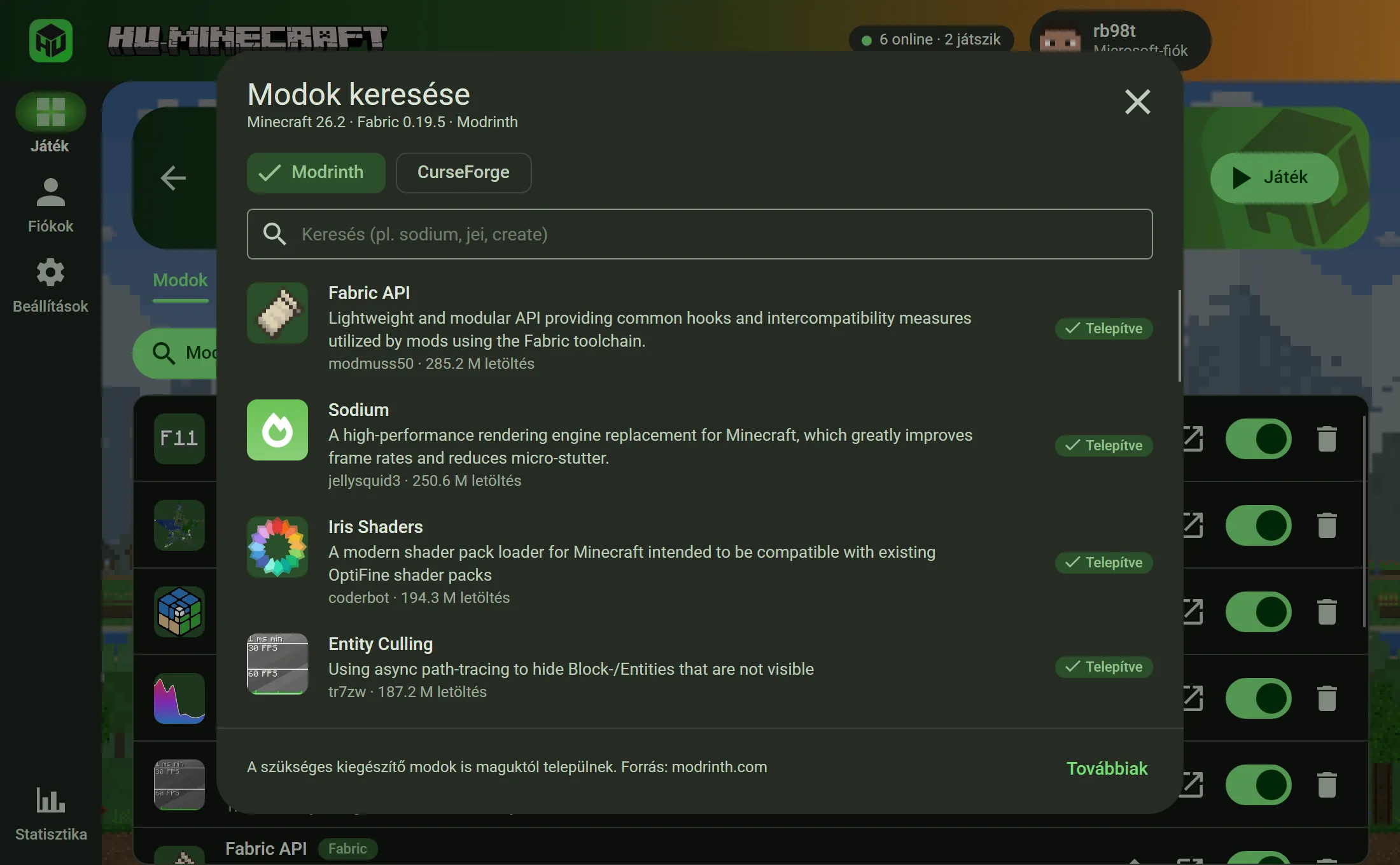 A beépített modböngésző Modrinth és CurseForge választóval: a Fabric API, a Sodium és az Entity Culling már telepítve
