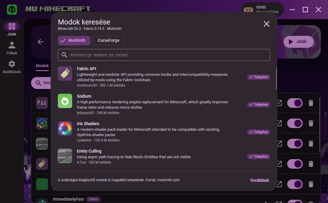 A beépített modböngésző Modrinth és CurseForge választóval: a Fabric API, a Sodium és az Entity Culling már telepítve