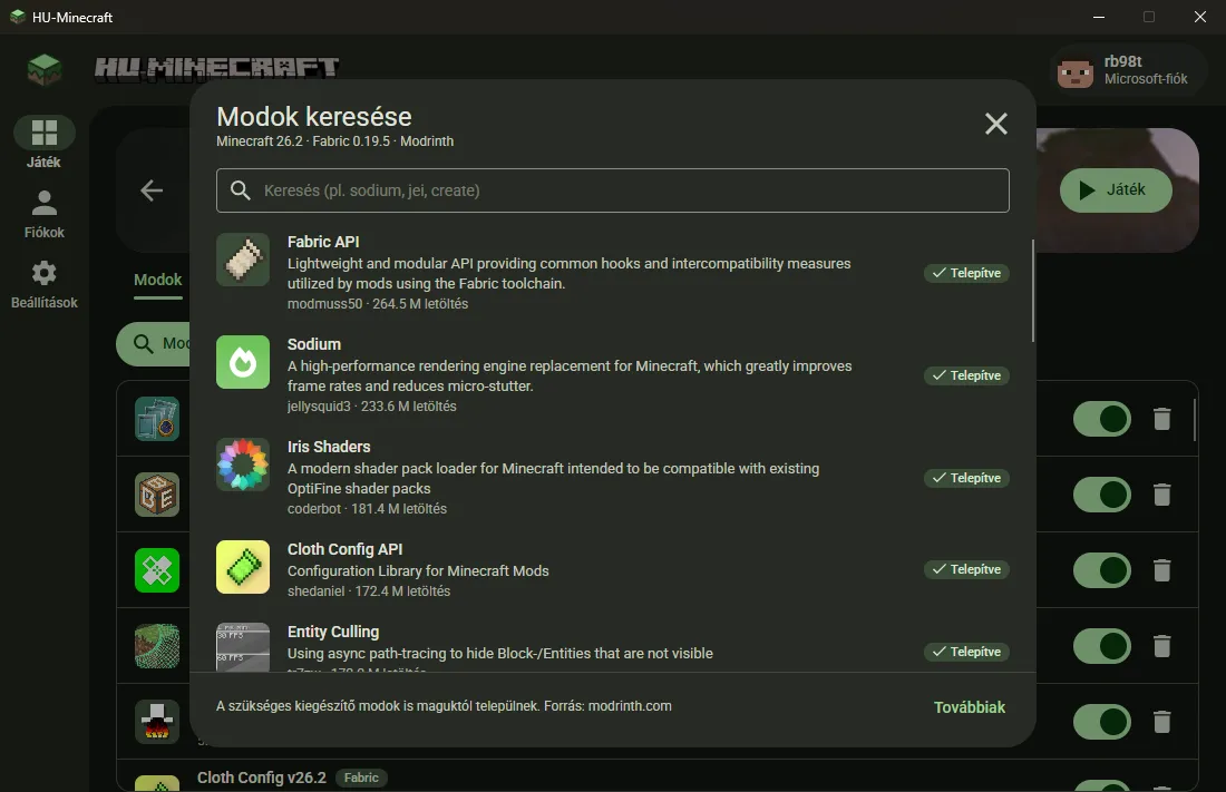 A beépített Modrinth-böngésző: Fabric API, Sodium és Iris telepítve