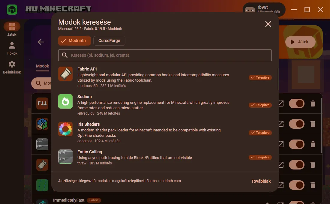 A beépített modböngésző Modrinth és CurseForge választóval: a Fabric API, a Sodium és az Entity Culling már telepítve