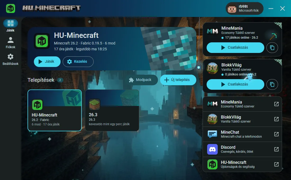 A HU-Minecraft launcher kezdőlapja: fent a legutóbb játszott telepítés, alatta a telepítések kártyái, jobbra a MineMania szerver és a közösség