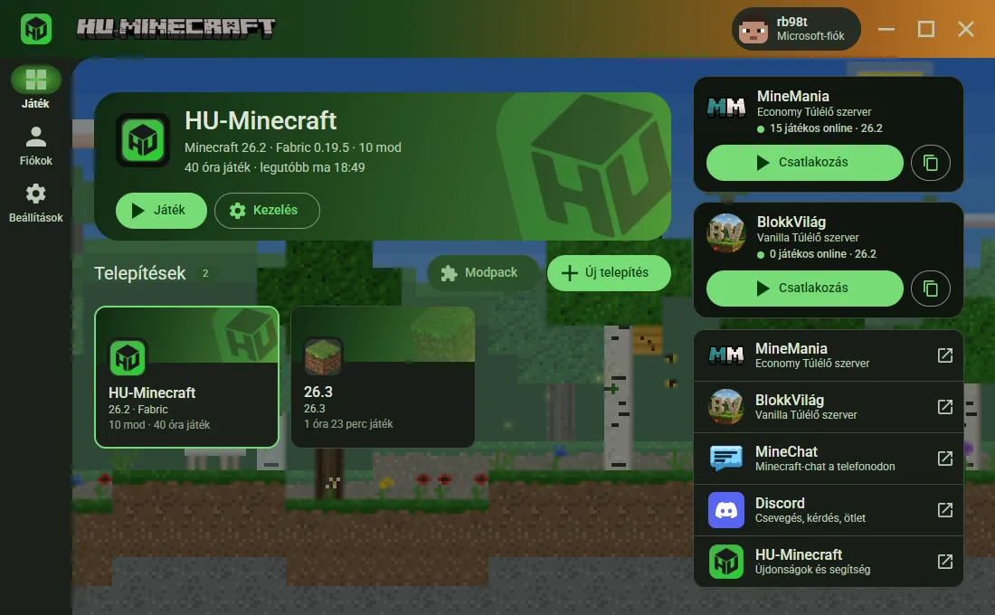 A HU-Minecraft launcher kezdőlapja: fent a legutóbb játszott telepítés, alatta a telepítések kártyái, jobbra a MineMania szerver és a közösség