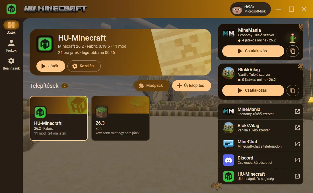 A HU-Minecraft launcher kezdőlapja: fent a legutóbb játszott telepítés, alatta a telepítések kártyái, jobbra a MineMania szerver és a közösség