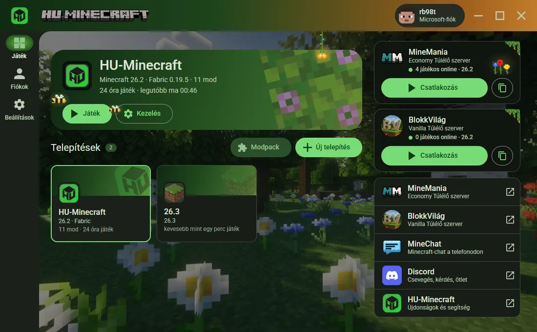A HU-Minecraft launcher kezdőlapja: fent a legutóbb játszott telepítés, alatta a telepítések kártyái, jobbra a MineMania szerver és a közösség