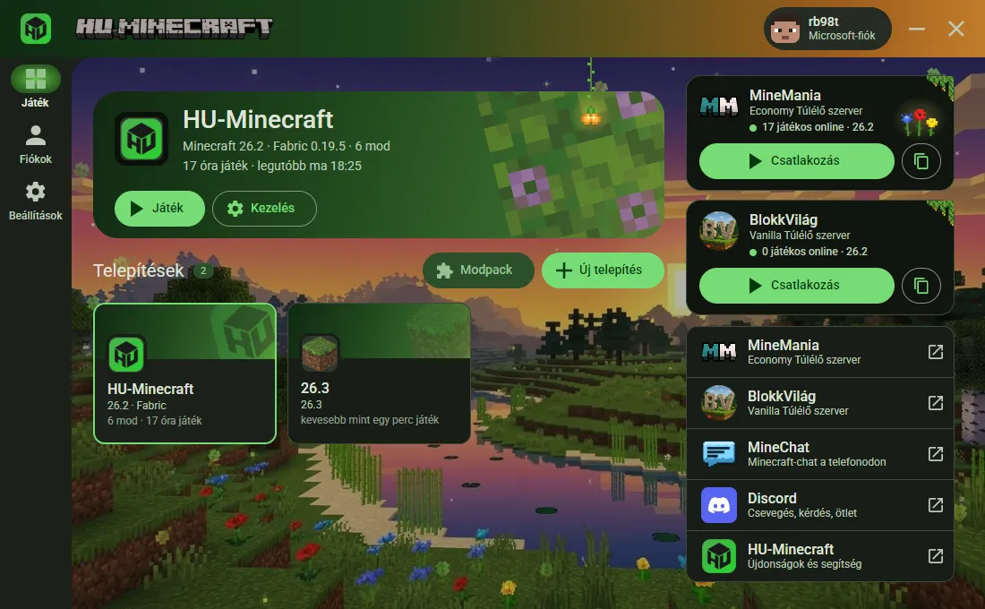 A HU-Minecraft launcher kezdőlapja: fent a legutóbb játszott telepítés, alatta a telepítések kártyái, jobbra a MineMania szerver és a közösség