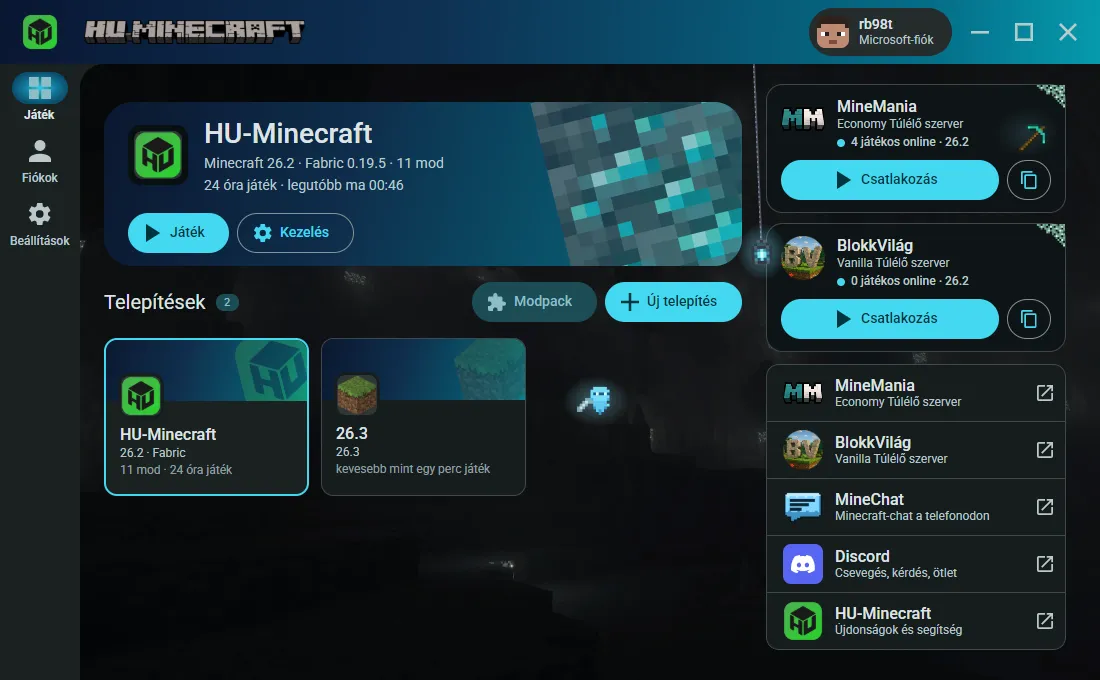 A HU-Minecraft launcher kezdőlapja: fent a legutóbb játszott telepítés, alatta a telepítések kártyái, jobbra a MineMania szerver és a közösség