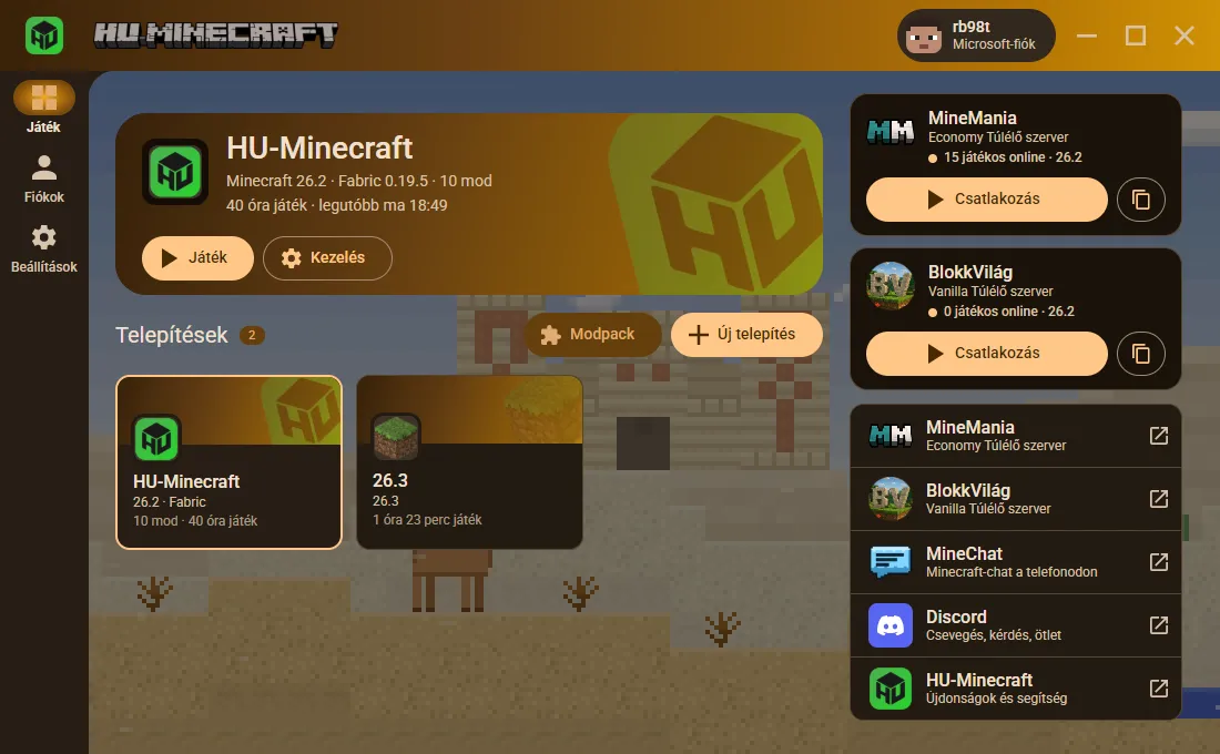 A HU-Minecraft launcher kezdőlapja: fent a legutóbb játszott telepítés, alatta a telepítések kártyái, jobbra a MineMania szerver és a közösség