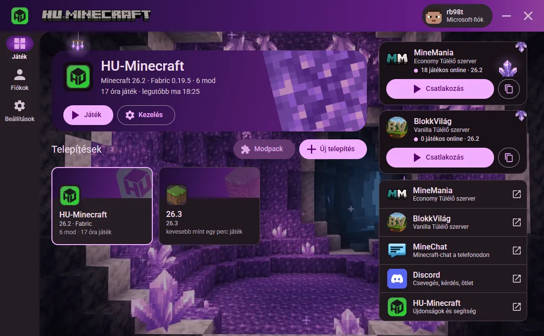 A HU-Minecraft launcher kezdőlapja: fent a legutóbb játszott telepítés, alatta a telepítések kártyái, jobbra a MineMania szerver és a közösség