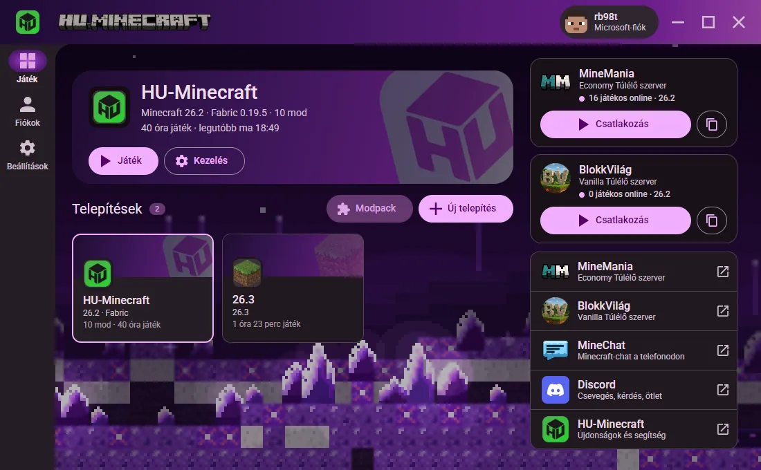 A HU-Minecraft launcher kezdőlapja: fent a legutóbb játszott telepítés, alatta a telepítések kártyái, jobbra a MineMania szerver és a közösség