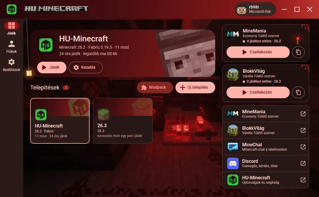 A HU-Minecraft launcher kezdőlapja: fent a legutóbb játszott telepítés, alatta a telepítések kártyái, jobbra a MineMania szerver és a közösség