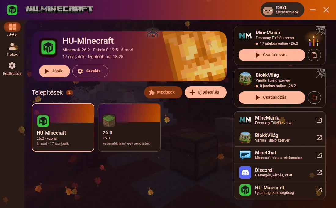 A HU-Minecraft launcher kezdőlapja: fent a legutóbb játszott telepítés, alatta a telepítések kártyái, jobbra a MineMania szerver és a közösség