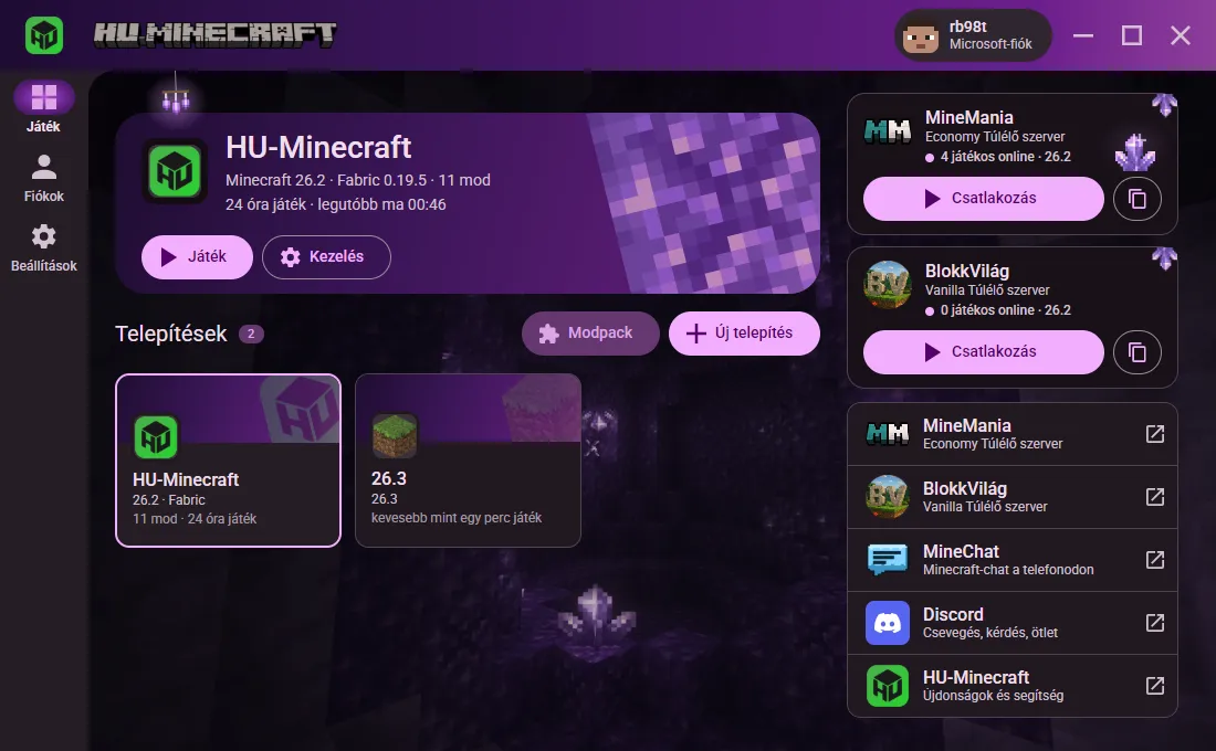 A HU-Minecraft launcher kezdőlapja: fent a legutóbb játszott telepítés, alatta a telepítések kártyái, jobbra a MineMania szerver és a közösség