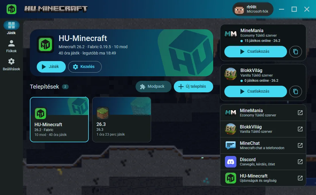 A HU-Minecraft launcher kezdőlapja: fent a legutóbb játszott telepítés, alatta a telepítések kártyái, jobbra a MineMania szerver és a közösség