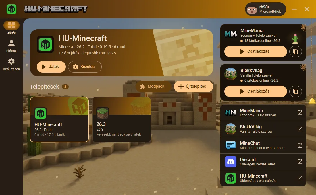A HU-Minecraft launcher kezdőlapja: fent a legutóbb játszott telepítés, alatta a telepítések kártyái, jobbra a MineMania szerver és a közösség