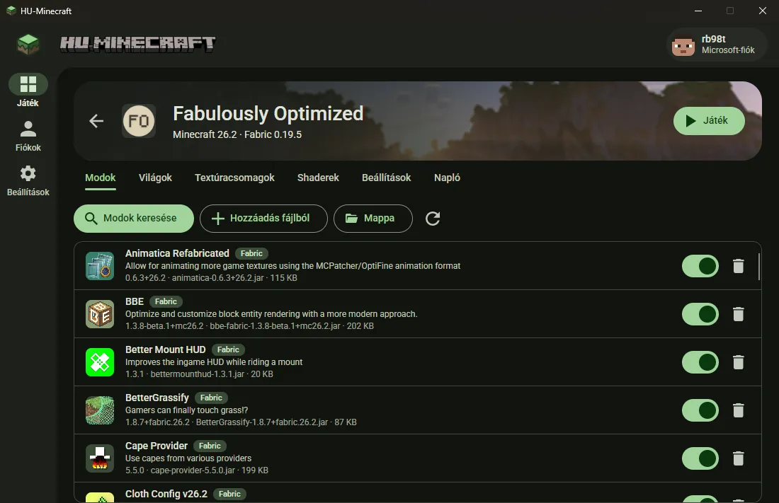 Egy Fabric-telepítés Modok füle a telepített modokkal és kapcsolóikkal