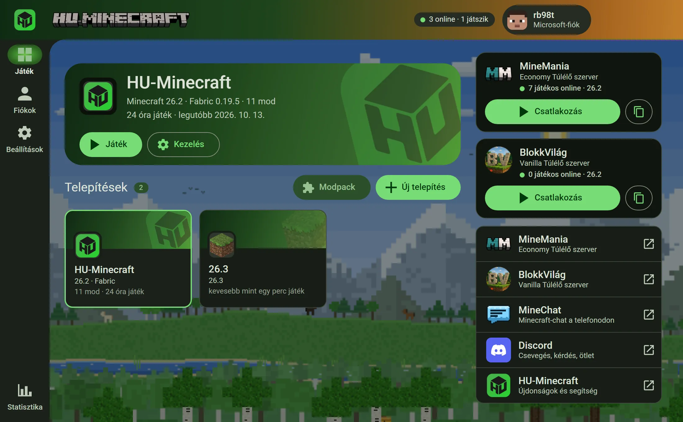 A HU-Minecraft launcher kezdőlapja: fent a legutóbb játszott telepítés, alatta a telepítések kártyái, jobbra a MineMania szerver és a közösség