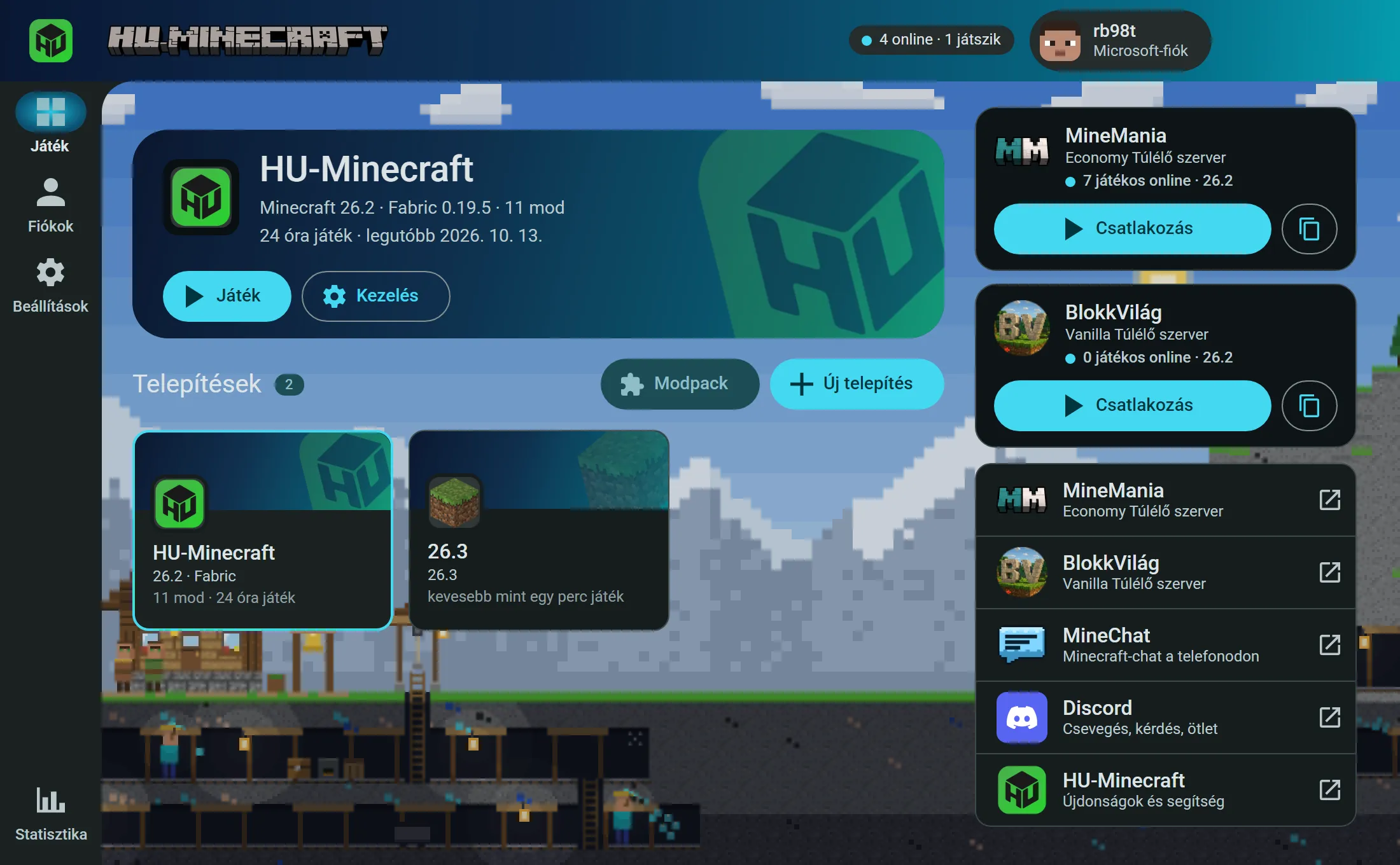 A HU-Minecraft launcher kezdőlapja: fent a legutóbb játszott telepítés, alatta a telepítések kártyái, jobbra a MineMania szerver és a közösség